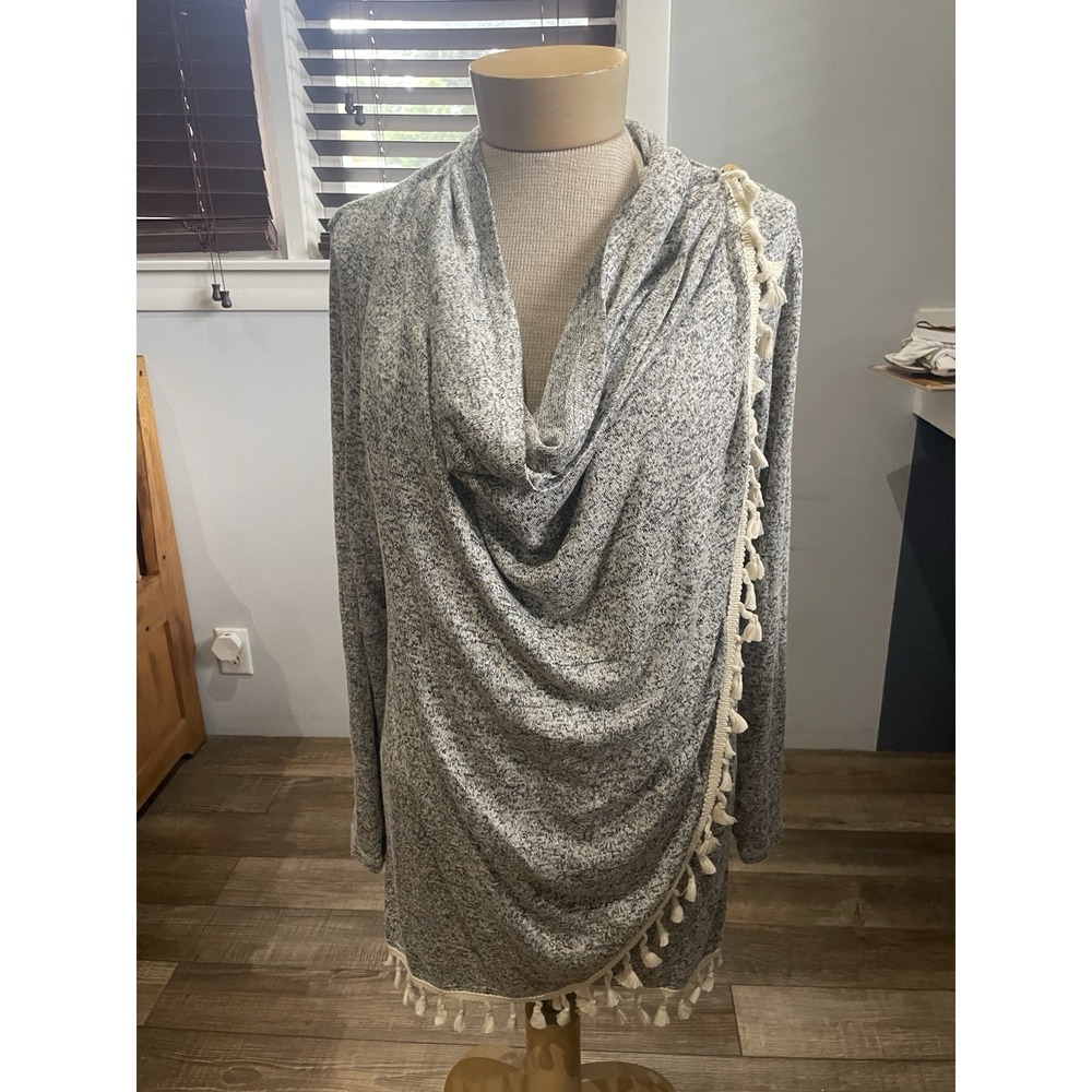 Emerald Grey Western Long Cardigan Wrap Fringe Sweater, Womens Large Cottagecore